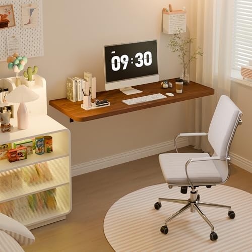 Dogsky 48" x 16" Floating Wall Desk, Fold Down Wall Table - 300 lbs Heavy Duty Solid Pine Wall Mount Folding Desk for Home Office, Laundry Room, Kitchen & Small Apartment, Walnut - color: Walnut, size: 48'' x 15.7'' x 8.3''