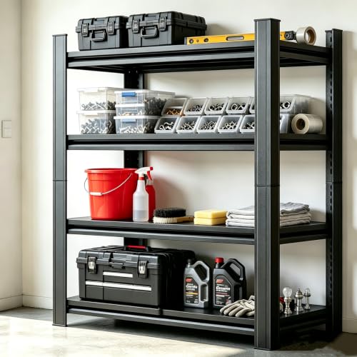 20" D Shelves for Garage Storage, 45" W Metal Garage Shelving Heavy Duty, 4 Shelf Adjustable Steel Standing Shelf Units for Basement, Industrial, Shop, Pantry, Warehouse, Kitchen, Black - size: 4 Tier 45.3" W x 19.7" D x 54.3" H