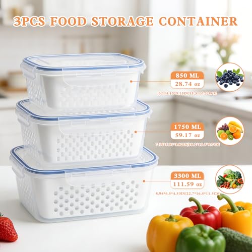 4 in 1 Food Storage Containers for Fridge, Produce Keeper with Removable Colander & Drain Basket, Airtight Leakproof Fruit Vegetable Storage Containers Transparent Kitchen Organizer (3PC S+M+L)