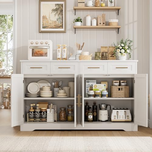 HOSTACK 60" W Sideboard Buffet Cabinet with Storage, Kitchen Cabinet, White | 36" Tall Kitchen Buffet Storage Cabinet with 4 Drawers, Large Coffee Bar Cabinet, Modern Buffet Table for Dining Living Room - color: White