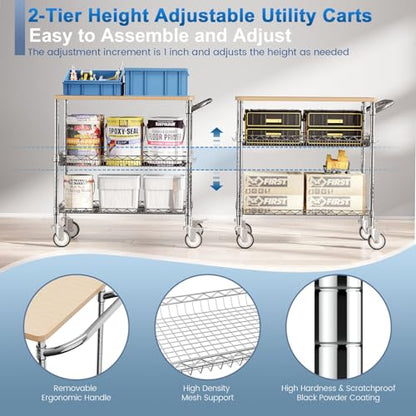 Rolling Kitchen Carts with Wheels, 3-Tier Utility Cart with Wood Tabletop | NSF Commercial Metal Serving Cart with Handle and Shelf Liner for Kitchen Snacks, 34"D x 17.5"W x 32.5"H,Chrome - color: Wood-chrome