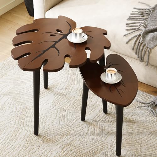 BAMEOS Monstera Leaf Nesting Tables Set of 2, Small Side Tables f Set with Leaf Vein Pattern, Modern Wooden CoffeeTables for Living Room Bedroom Apartment Balcony Yard - color: Monstera