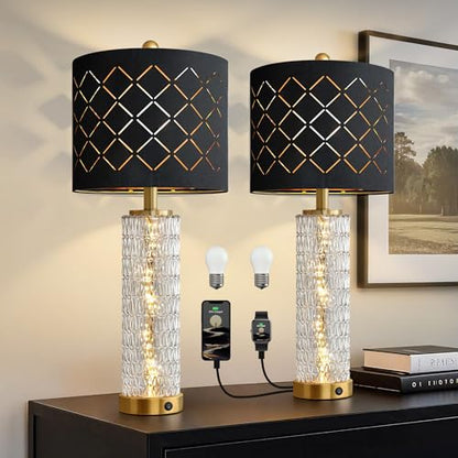 Oneach 27.75" Modern Table Lamps Set of 2, Gold Bedside Lamp with Crystal Nightlight, USB A+C, Black Grid Shade, Unique Desk Lamps for Living Room, Bedroom, Nightstand, End Table (2 Bulbs Included) - color: Gold - Black Shade