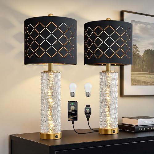 Oneach 27.75" Modern Table Lamps Set of 2, Gold Bedside Lamp with Crystal Nightlight, USB A+C, Black Grid Shade, Unique Desk Lamps for Living Room, Bedroom, Nightstand, End Table (2 Bulbs Included) - color: Gold - Black Shade