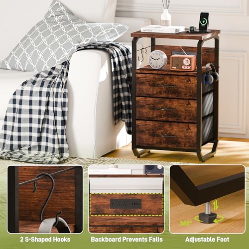 runjuly Night Stand with Charging Station, LED Nightstand with 3 Fabric Drawers and Hooks, Small End Table with Light and USB C Port, Storage Side Table for Bedroom, Rustic Brown - color: Rustic Brown, style: 3 Drawers