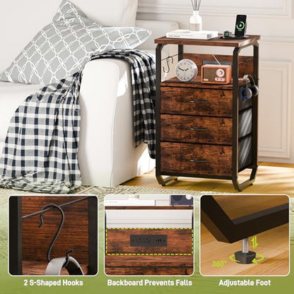 runjuly Night Stand with Charging Station, LED Nightstand with 3 Fabric Drawers and Hooks, Small End Table with Light and USB C Port, Storage Side Table for Bedroom, Rustic Brown - color: Rustic Brown, style: 3 Drawers