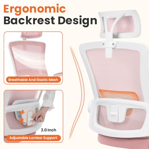 NEO CHAIR Ergonomic Office Desk Chair High Back Computer Gaming Mesh Chair with Comfy Task Adjustable Arms Lumbar Support Headrest Swivel for Home Office (Pink) - color: Pink