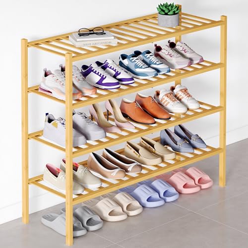 Smiry Bamboo Shoe Rack for Closet, 4 Tier Long Wooden Shoe Organizer, Stackable Wood Shoe Storage Shelf for Entryway, 14 Vertical Slats, 2+2 Stack Heavy-Duty Legs, 33.86"x11.02"x25.98", Natural - color: Natural, size: 4 Tier - Long