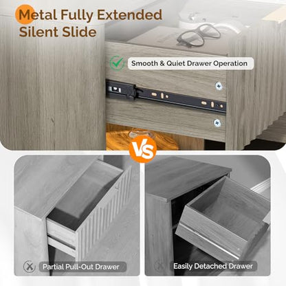 VINGLI Night Stand with Charging Station & Led Light, 19" W Fluted Nightstand Round Edge, Wood Nightstand Mid Century Modern End Table, Bed Side Table for Bedroom, Living Room, Gray Oak - color: Grey, size: 19"W-1 Drawer 1 Shelf