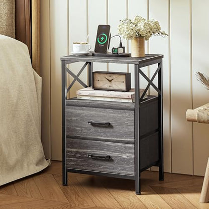 Huuger Nightstands Set of 2, Night Stand with Charger Station, 2 Drawer Side Table with Open Shelf, USB-C Port, End Table for Small Spaces, X Shaped Side Rail, Charcoal Black - color: Charcoal Black Wood Grain Print
