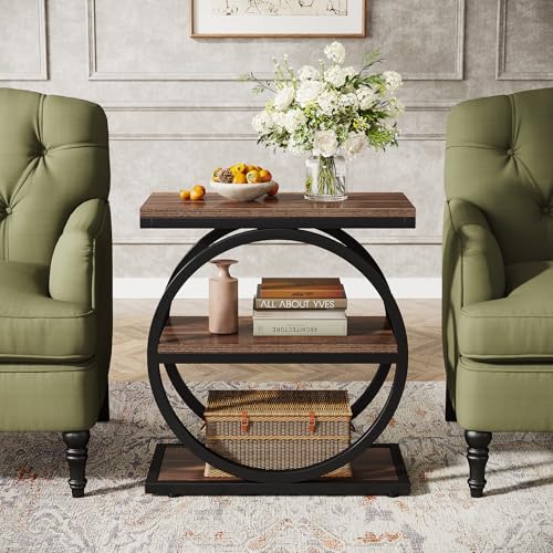 Tribesigns End Table, Narrow End Table with 3 Storage Shelves, Wood Side Table with Black Metal Frames, Industrial Small Sofa Side Table for Living Room, Slim Nightstand and Bedside Table for Bedroom - color: Brown
