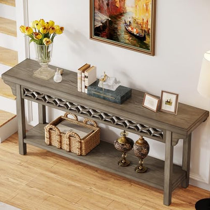 Tribesigns 70.8-Inch Solid Wood Long Console Table, Farmhouse Entryway Table with Storage, Narrow Sofa Table Grey Couch Table for Living Room Entryway Hallway (Gray) - color: Grey