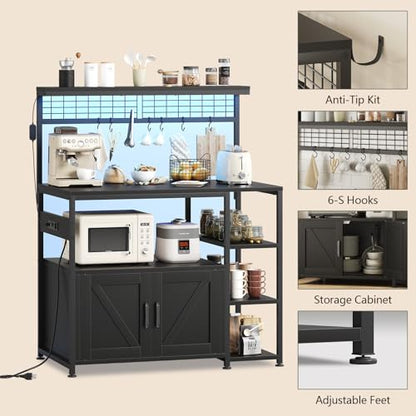 TVU Bakers Rack with Power Outlet and LED Light, Microwave Stand with Storage Cabinet, Coffee Bar Cabinet Station with 6 Hooks for Kitchen, Dining Room, Living Room, Coffee Bar, Black - color: Black