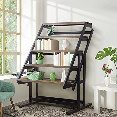 Space Saving Convertible Shelf Table, Multipurpose Converting Kitchen Dining Table to Shelf, Wood and Metal Convertible 2 in 1 Bookshelf to Dining Table