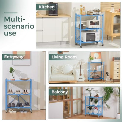DEANIC 3 Tier Foldable Storage Shelves with Wheels, Kitchen Appliance Stand, Freestanding Metal Wire Shelf Rack, No Assembly Organizer Rolling Cart for Garage, Basement, Pantry(Blue Pack of 2) - color: Blue