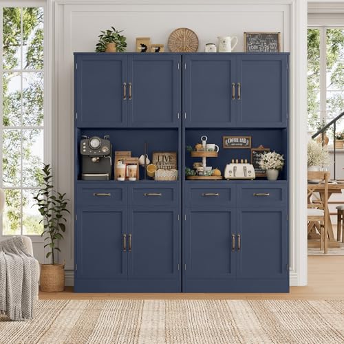 HOSTACK 71" Tall Kitchen Pantry Storage Cabinet, Wood Kitchen Hutch, Blue | Modern Pantry Cabinet with Microwave Stand, Hutch Cabinet with Countertop & Drawers, Storage Cabinet for Living Room - color: Blue + Bronze Handles