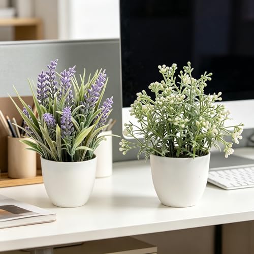 2 Pack Small Fake Plants, Artificial Lavender Plants for Spring and Summer Decor, Faux Plants Indoor for Bathroom, Office, Table, Shelf and Home Decor
