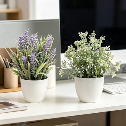 2 Pack Small Fake Plants, Artificial Lavender Plants for Spring and Summer Decor, Faux Plants Indoor for Bathroom, Office, Table, Shelf and Home Decor