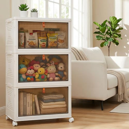 LDQ Storage Bins with Lids, 3 Tier 69QT Stackable Storage Cabinet, Foldable Closet Organizer with Doors & Wheels, Plastic Storage Drawers for Bedroom, Living Room, Bathroom