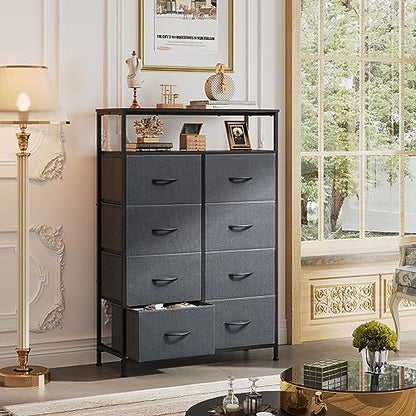 WLIVE Fabric Dresser for Bedroom with Open Shelves, Tall Dresser with 8 Drawers, Storage Tower with Fabric Bins, Chest of Drawers for Closet, Living Room, Hallway, Charcoal Gray - color: Dark Grey, style: Raised Shelves