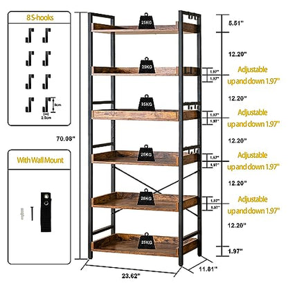 HCHQHS Adjustable 6 Tier Open Bookcase, Rustic Farmhouse Book Shelves, Industrial Wood and Black Metal Bookshelves, Mid Century Bookcase for Home Office Living Room Bedroom - color: Rustic Brown, size: 6-Tier (24"W x 70"H)