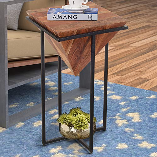 The Urban Port 26 Inch Pyramid Shape Wooden Side Table | Brown Finish, Cross Black Metal Base, Modern Accent End Table, For Living Room, Bedroom, Entryway, Lounge, Home Decor Display - size: 26-Inch