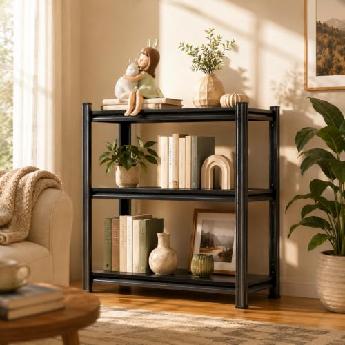 Modern Metal Book Shelf, Heavy Duty Black Bookshelf, Bolt-Free Deep Bookcase for CDs Movies Garage Kit, Adjustable Bookshelf in Living Room, Bedroom, Kitchen, Office, 28" W x14 D x32 H - size: 3-Tier 28"W x14"D x32"H
