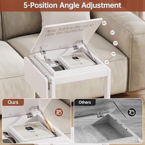 OtterOasis C Shaped End Table for Couch Rolling Side with Wheels White | Wood, Desk Tv Tables, with Folding Desktop, Lockable Wheel, with Hidden Storage, for Living Room, Bedroom - color: White