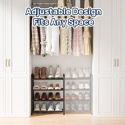 ENJOYBASICS 4 Tier Expandable Shoe Rack for Closet, Free Standing Metal Shoe Shelf Storage Organizer Holder 16 Pairs, Adjustable Width Shoe Rack for Entryway Small Space, Black - size: 4 Tier (8-16 Pairs)