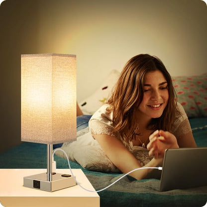 Light Grey Touch Lamps Set for Bedroom - Dimmable, USB C+A, 2 AC Outlets | 3-Way Dimming, 3000K LED Bulbs Included, Light Grey Lampshade Silver Base, Small Bedside Lamp for Nightstand, Desk, Dorm - color: Gray-Silver