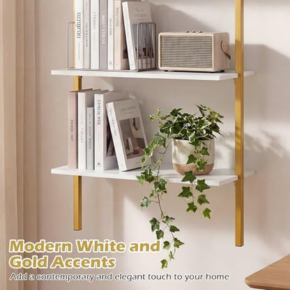 Giantex Ladder Shelf, 3-Tier Wood Wall Mounted Bookshelf with Metal Frame, Modern Open Storage Rack and Display Shelves, Wooden Floating Shelving Unit for Living Room, Home Office (Gold+White)