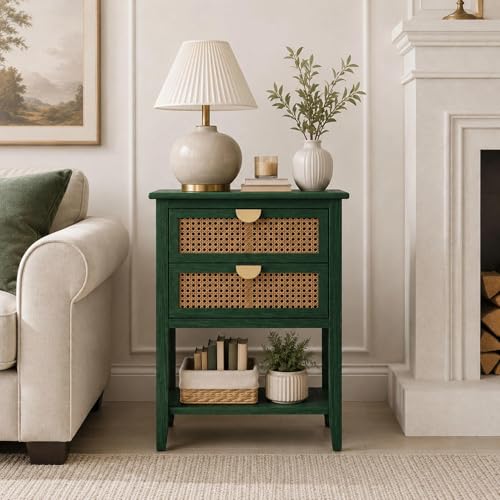 vistavie 22" Green Rattan End Table with 2 Drawers and Open Shelf, Boho Accent Side Table with Gold Semi Circular Handles and Solid Wood Legs for Living Room - color: Green Set of 1