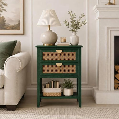 vistavie 22" Green Rattan End Table with 2 Drawers and Open Shelf, Boho Accent Side Table with Gold Semi Circular Handles and Solid Wood Legs for Living Room - color: Green Set of 1