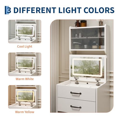 Garvee 3 in 1 Vanity Desk with 3 Color LED, Compact Makeup Vanity Set with 2 AC Outlets & USB, Dressing Table with Drawers & Acrylic Doors, Nightstand Vanity Mirror, Jewelry Box, Hidden Chair, White - color: White