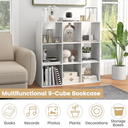 9 Cube Storage Organizer, Floor Standing Bookcase with Open Compartments, Wooden Display Rack for Living Room, Bedroom, Study, White Bookshelf with Open Back (1, 9 Cubes) - size: 9 Cubes