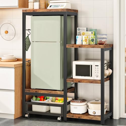 HOOBRO Mini Fridge Stand with Storage, Microwave Stand with Movable Basket, 3-Tiers Coffee Bar Station, Bakers Rack with Power Outlet, for Kitchen, Dorm, Office, Rustic Brown and Black BF38UHB01
