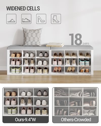 Hzuaneri Shoe Storage Bench with Cushion, Entryway Storage Bench with 18 Cubbies, 9.5" Widened Organizer Cabinet, Long Cubby Rack for Living Room, Bedroom, Entryway, White SB25703GY | 9.5" Widened Organizer Cabinet, large Cubby Shoe Rack for Living Room,