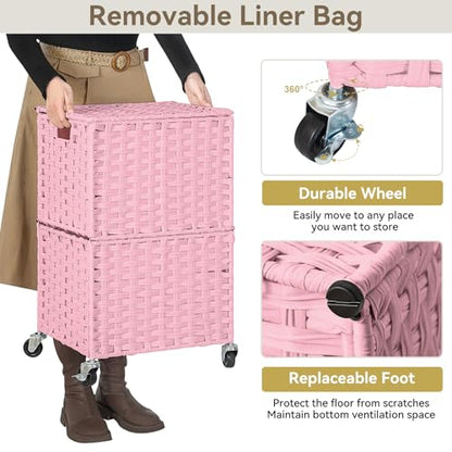 Chrislley 90L Slim Laundry Hamper with Wheels, Rolling Laundry Basket with Lid and Renovable Liner Bag, Handwoven Rattan Organizer for bedroom, bathroom, laundry room (Pink) - color: Pink
