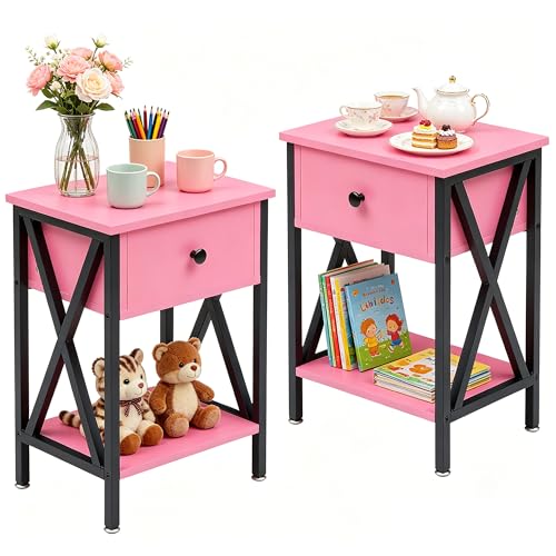 VECELO Nightstands Set of 2, Modern Bedside End Tables, Night Stands with Drawer and Storage Shelf for Living Room Bedroom, Industrial Metal Frame - color: Pink, size: Set of 2 - 15.8"W x 11.8"D x 21.7"H