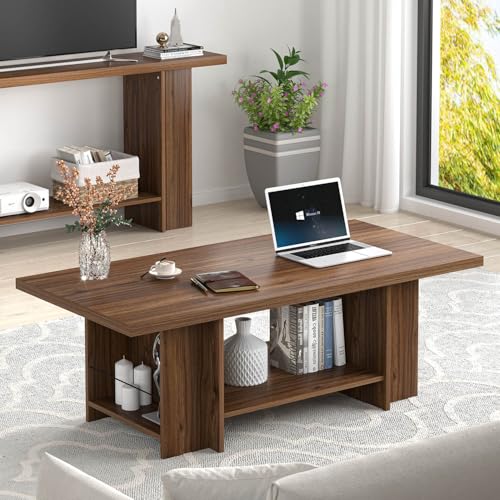 FOLUBAN Coffee Table, Modern Wood Living Room Table with Storage Bottom Shelf & Side Shelves, Rectangle Center Table Cocktail Tea Table for Home Office, Rustic Walnut, 47 Inch - color: Walnut