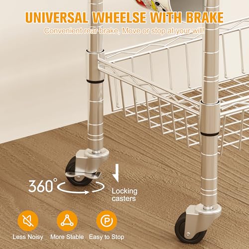 Homeiju Rolling Kitchen Storage Cart, 3-Tier Storage Rack on Caster Wheels with Adjustable 2 Baskets, Coffee Station Cart Rack Shelf Organizer for Living Room Office, Balcony, Chrome/Silver