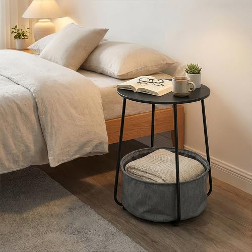 Modern Round Side End Table with Fabric Storage Basket, Matte White and Camel Brown, Contemporary Nightstand (Black) - color: Black