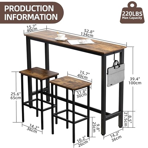 Finnhomy 52.7" Industrial Bar Table Set with 2 Stools - Counter Height Dining & Pub Table for Small Spaces, Kitchen, Apartment, Breakfast Nook - Metal & Wood, Space-Saving Furniture - Rustic Brown - color: Rustic Brown, size: 52.7" Bar Table