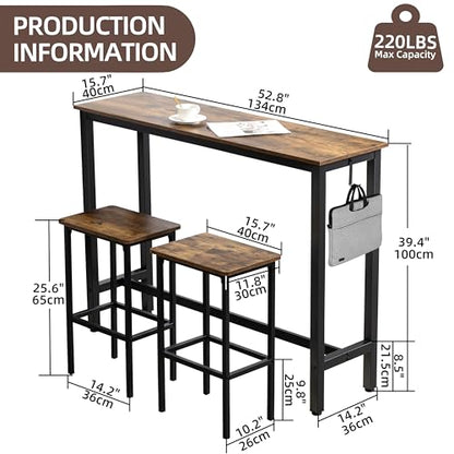 Finnhomy 52.7" Industrial Bar Table Set with 2 Stools - Counter Height Dining & Pub Table for Small Spaces, Kitchen, Apartment, Breakfast Nook - Metal & Wood, Space-Saving Furniture - Rustic Brown - color: Rustic Brown, size: 52.7" Bar Table