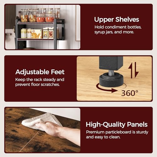 MAHANCRIS Bakers Rack with Mini Fridge Shelf, 3-Tier Microwave Stand, Coffee Bar Station with Paper Holder, Freestanding Kitchen Storage Rack, for Kitchen, Rustic Brown and Black BRHR5401 - color: Rustic Brown and Black