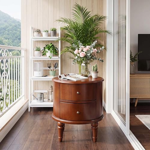 Round Solid Wood End Table with 2 Drawers and Fully Assembly | Beside Table for Couch, American Style Nightstand for Bedroom, Telephone Table for Living Room, Small Space Accent Table - size: 20.1" H End Table