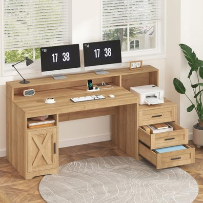 65" Farmhouse Computer Desk with Drawers and Printer Stand for Home Office | Office Desk with Power Outlets and Storage Cabinet, Study Writing Desks with Long Monitor Stand, Oak - color: Oak