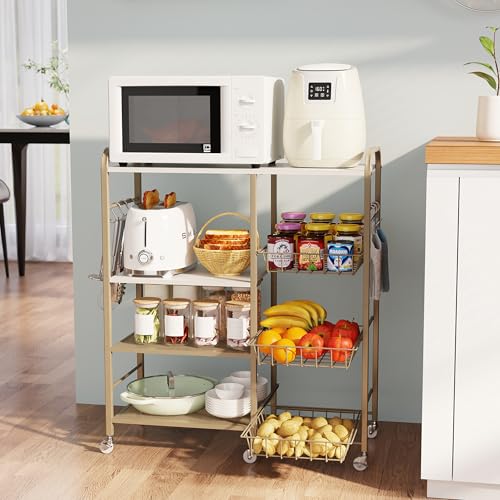 HapiRm Rolling Kitchen Microwave Cart - 4 Tier Microwave Table Stand with Pull-Out Baskets, Coffee Bar Baker's Rack with Wheels Rolling Storage Cart Organizer Shelf for Living Room Office, Balcony - color: Gold