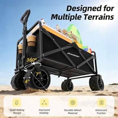 EchoSmile Heavy Duty 350 Lbs Capacity Collapsible Wagon, Outdoor Folding Camping Grocery Portable Utility Cart, Adjustable Rolling Carts, All Terrain Beach Wagon with Big Wheels (Black-Arrow) - color: Black-arrow