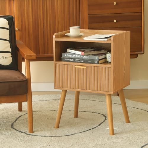 AWASEN Fluted Night Stand Set 2, Mid Century Modern Bedside Table Set of 2 with Storage Drawers, Wood Night Stand Side Table with Solid Wood for Living Room, Bedroom, Office and Small Space (Brown) - color: Brown Set of 2